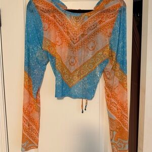 Free People Vibrant Orange and Blue Blouse